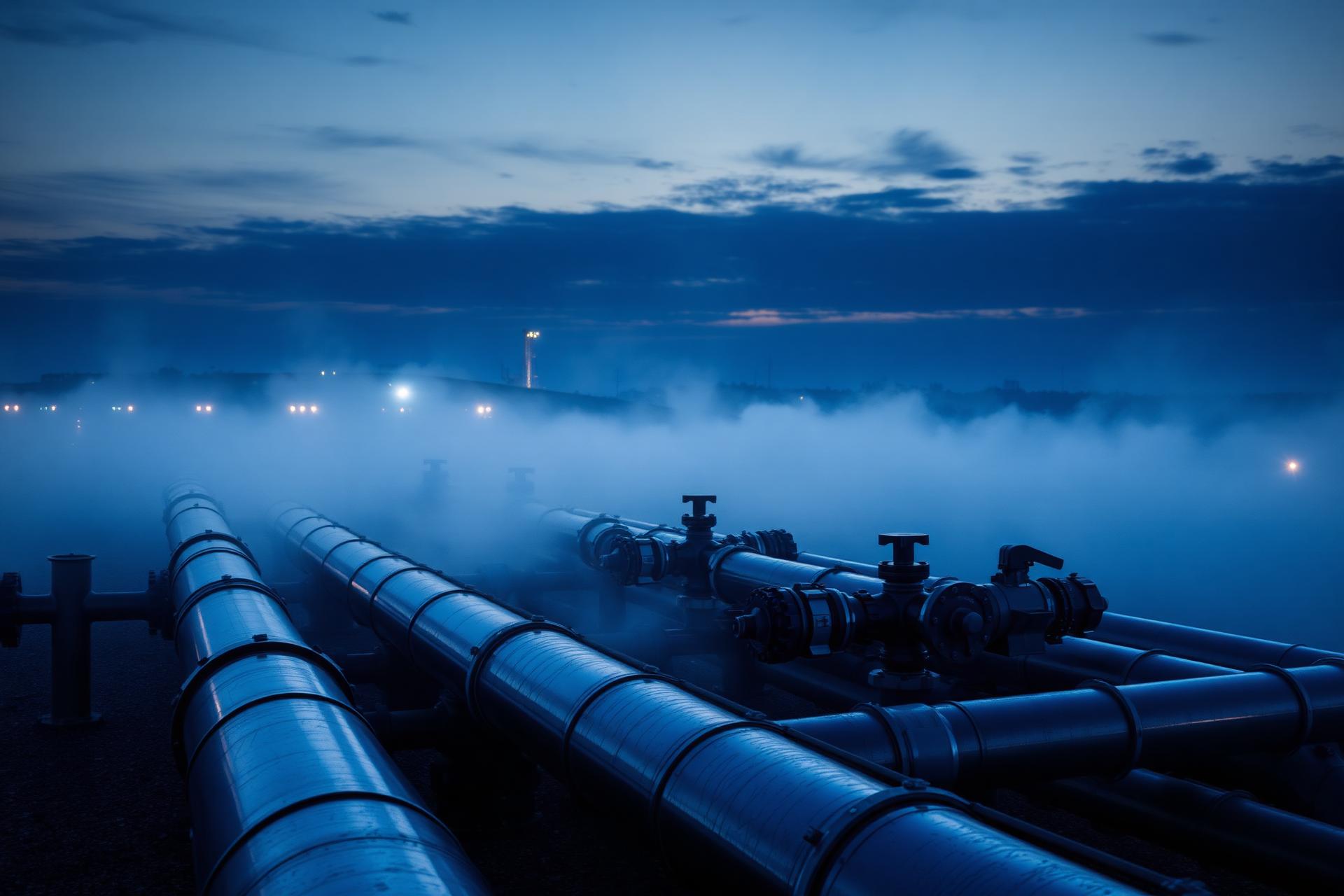 Oil and gas pipeline infrastructure at blue hour
